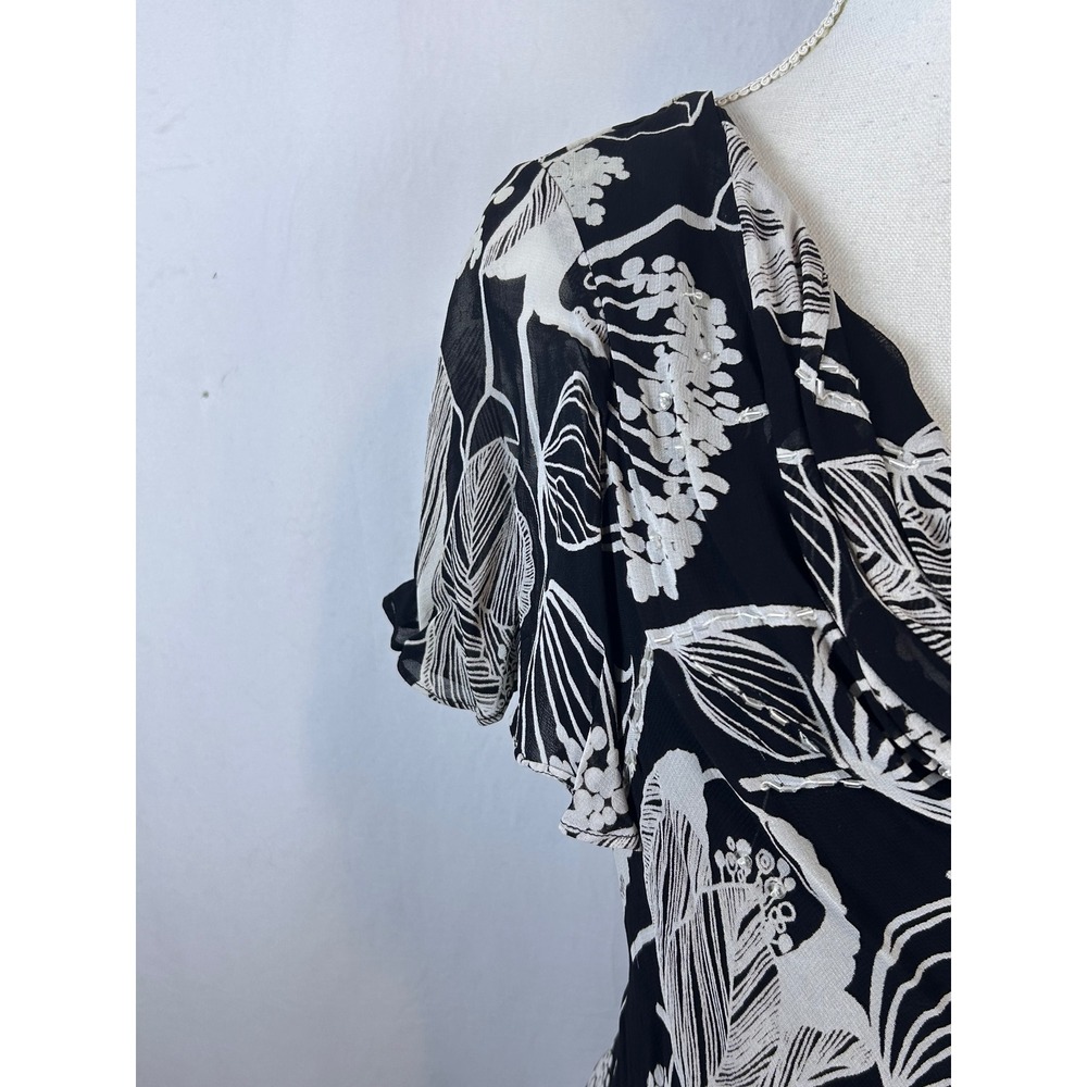 Rouge 2 Piece Gown Women Size L Black White Floral Excellent Sequin Maxi Ruffle - Picture 4 of 11